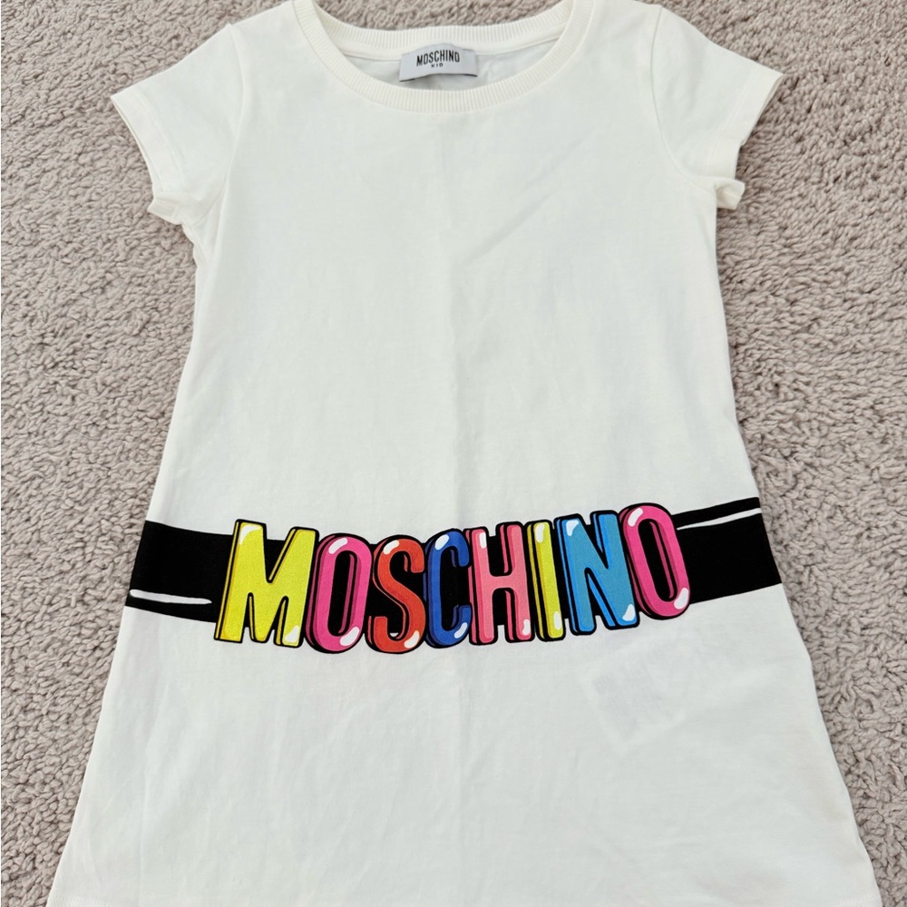 Moschino Kids Dress in White with Multicolor Logo